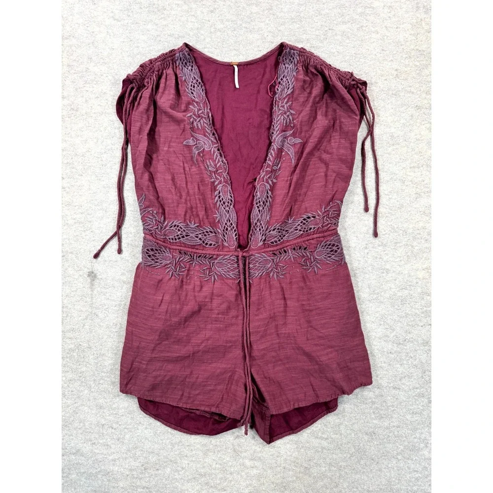 Free People Weila Romper Women XS Pomegranate Embroidered Trim Drawstring V Neck